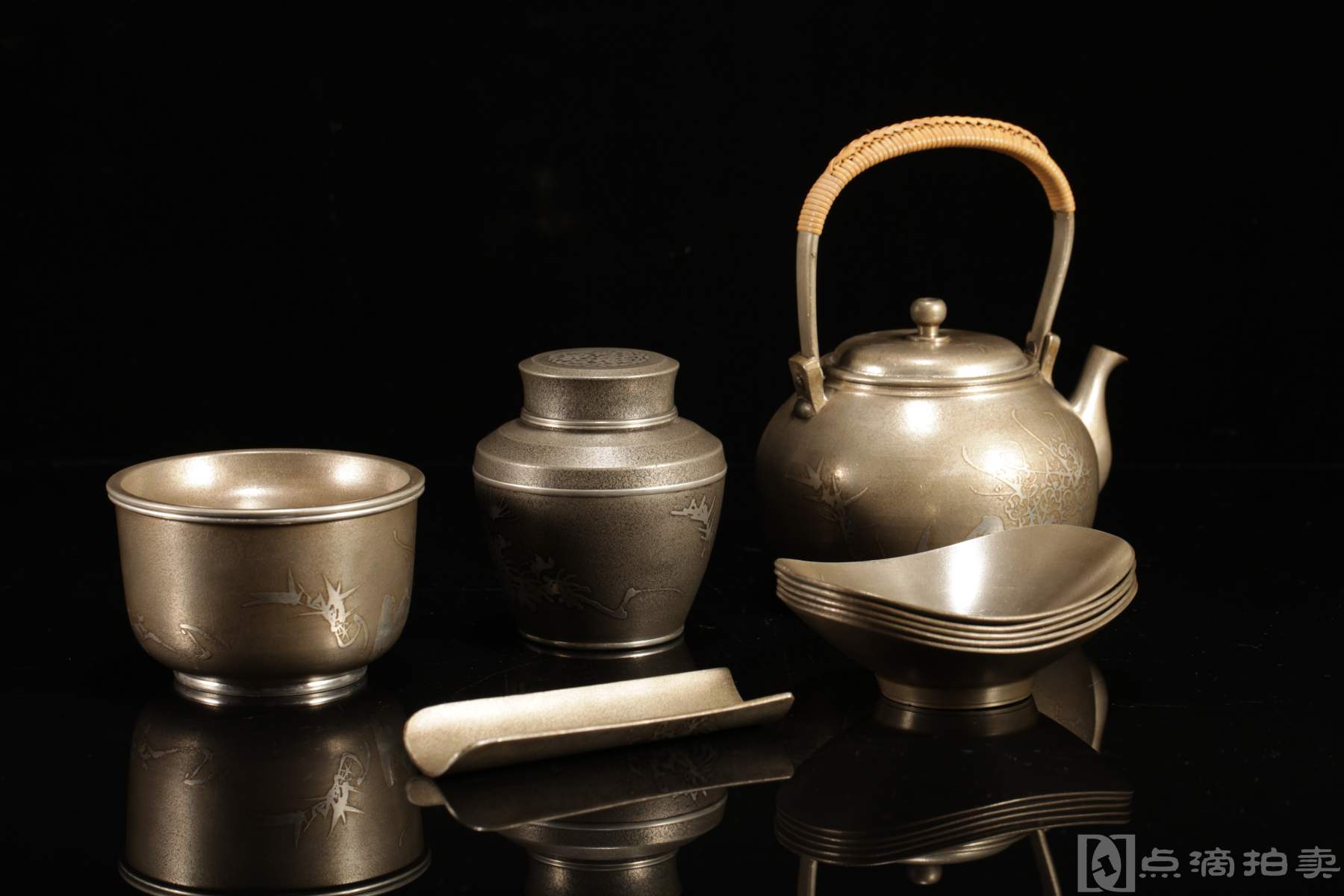 LOT13 日本锡器，昭和早起《间村自造》+《继山》出品锡制煎茶器套组 