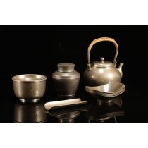 日本锡器，昭和早起《间村自造》+《继山》出品锡制煎茶器套组，汤沸+茶入+建水+茶托+茶则。