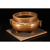 明治时期砂张铜（日本铸铜工艺一种），环游耳宣德色老铜火鉢。