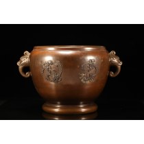 明治时期老铜兽耳雨龙纹铸铜火鉢。（含日本少量碳灰）