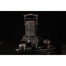 日本大漆高级工艺，银丝镶嵌精工彩贝螺钿提盒香几托盘茶枣套装。