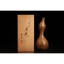 【二上元威】造鋳銅瓢箪形花瓶共箱 (尺寸高:24.5cm直径:9.5cm重量:955g)