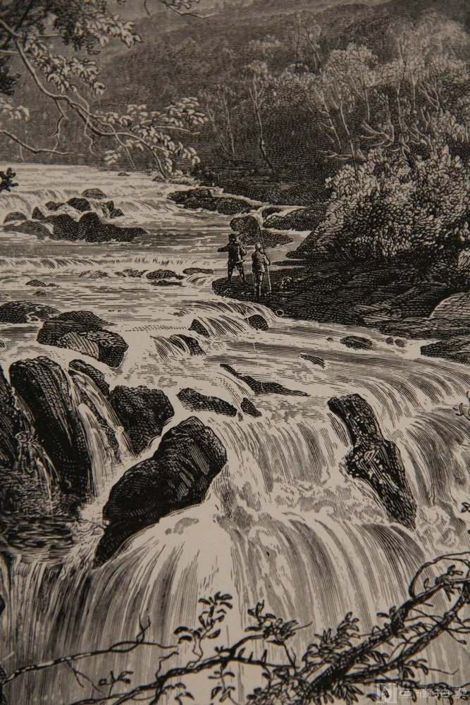 19世纪瀑布风景原品木版画带装裱