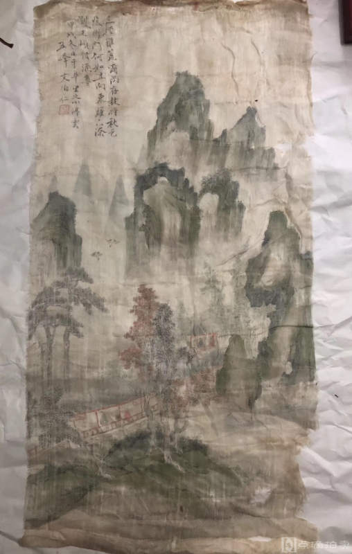 明代苏州著名画家   文徵明侄子   文伯仁  绢画一张。88×43公分   青绿山水非常漂亮。
