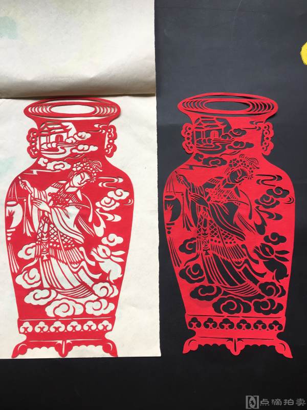 八九十年代 广灵剪纸传承人王兴才作品 单色剪纸《古瓶》题材 共一种 两幅