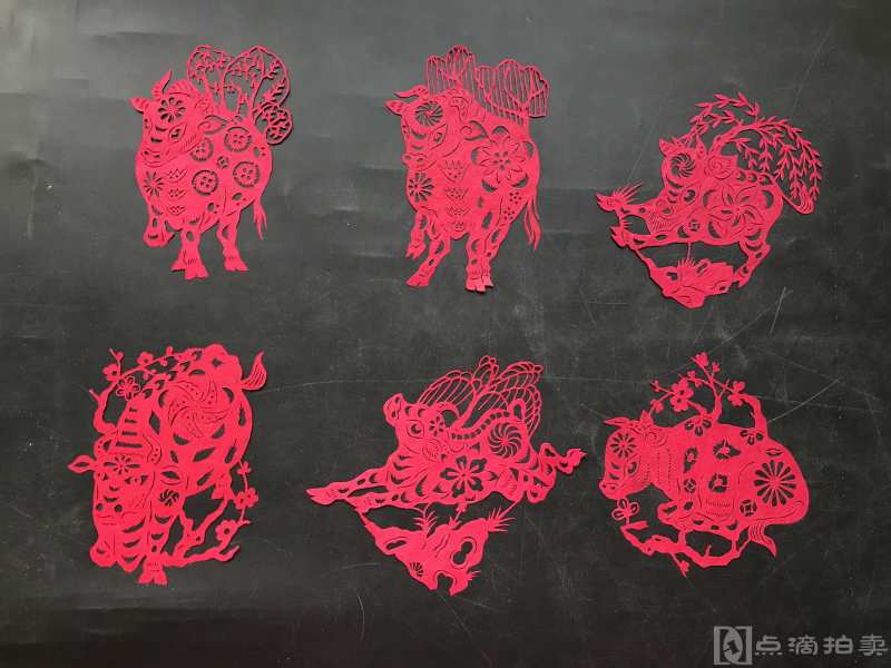 八九十年代 广灵剪纸传承人王兴才作品 单色剪纸“生肖丑牛”题材 共六种 六张