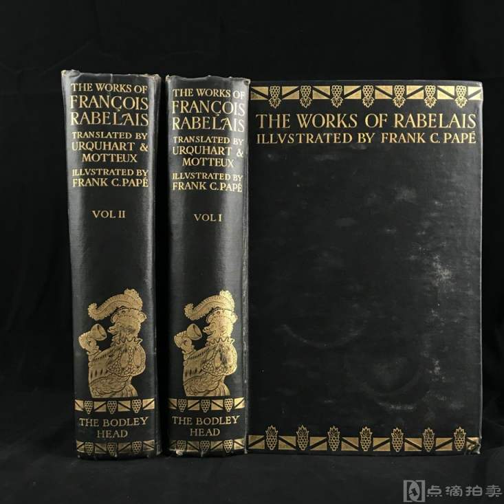 限量4300套！1927年，《拉伯雷作品全集》（全2卷），插画家佩普绘23幅精美内嵌纸插图，与大量文间插图，漆布面精装，封面书脊烫金压花