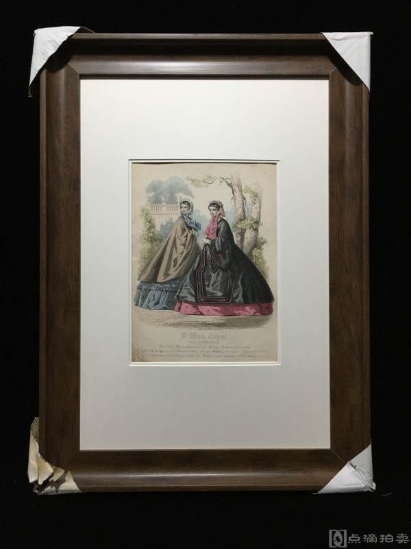 Lot2,19世纪欧洲-手工上色铜版画-大幅版画-时尚美女（特定制仿欧洲原木色画框，高端、大气、典雅）