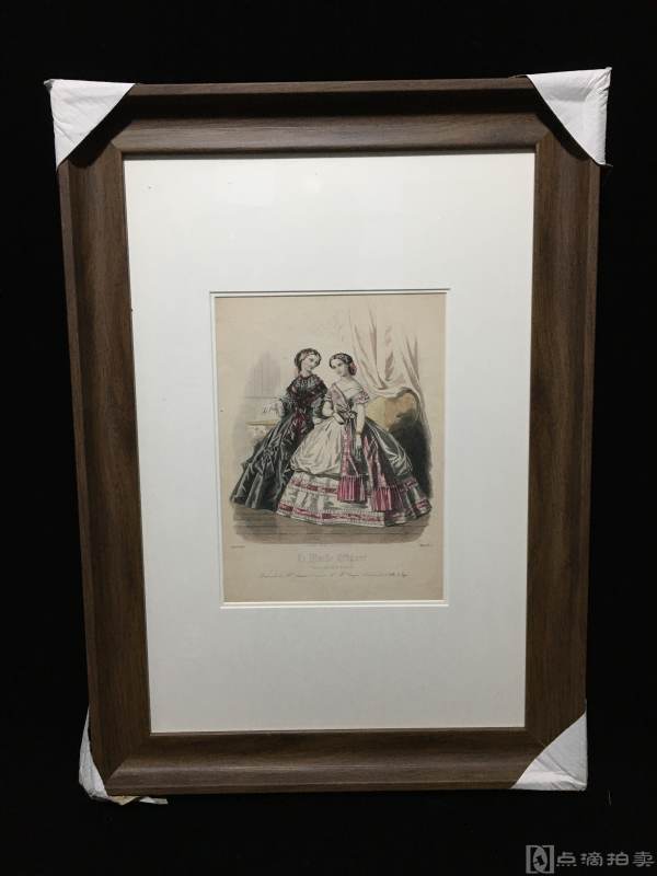 Lot14,1860年欧洲-手工上色铜版画-大幅版画-时尚美女（特定制仿欧洲原木色画框，高端、大气、典雅）