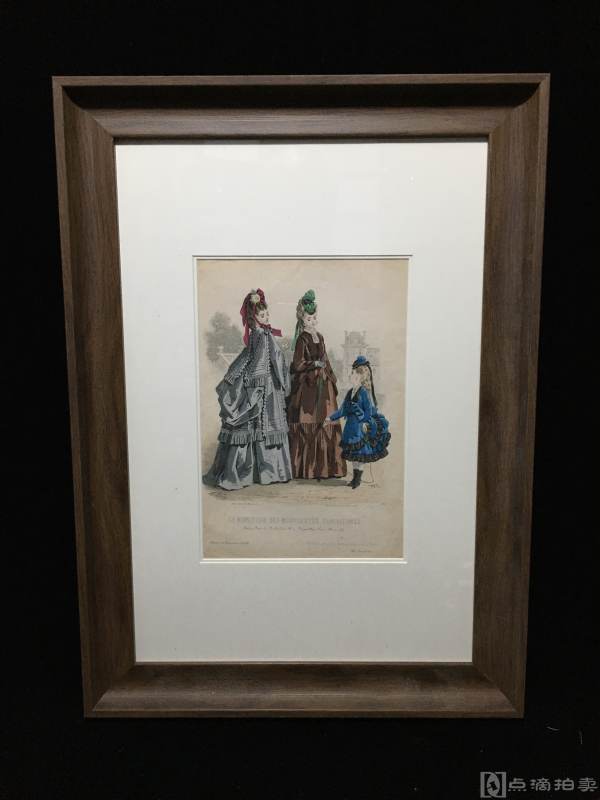 Lot10,1871年欧洲-手工上色铜版画-大幅版画-时尚美女（特定制仿欧洲原木色画框，高端、大气、典雅）