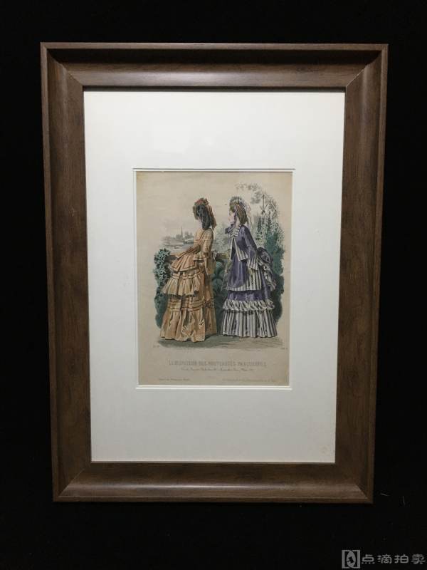 Lot13,19世纪欧洲-手工上色铜版画-大幅版画-时尚美女（特定制仿欧洲原木色画框，高端、大气、典雅）