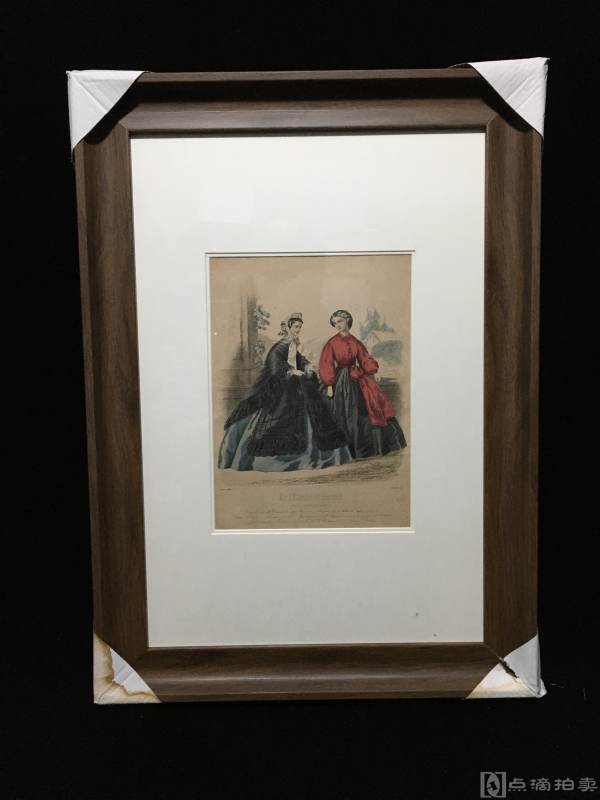 Lot5,1861年欧洲-手工上色铜版画-大幅版画-时尚美女（特定制仿欧洲原木色画框，高端、大气、典雅）