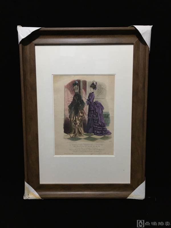 Lot16,19世纪欧洲-手工上色铜版画-大幅版画-时尚美女（特定制仿欧洲原木色画框，高端、大气、典雅）