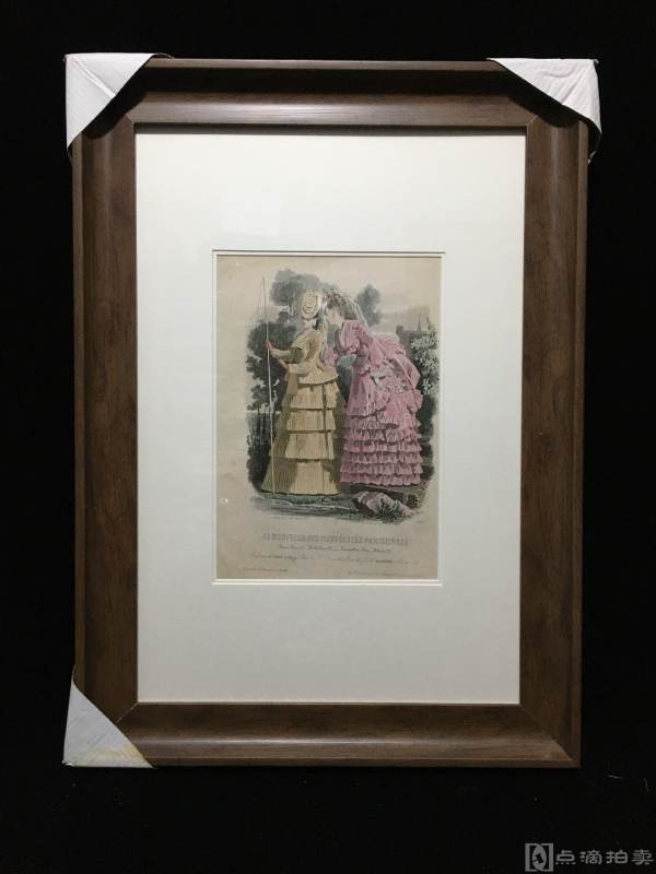 Lot7,19世纪欧洲-手工上色铜版画-大幅版画-时尚美女（特定制仿欧洲原木色画框，高端、大气、典雅）