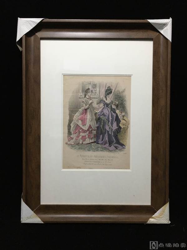 Lot1,19世纪欧洲-手工上色铜版画-大幅版画-时尚美女（特定制仿欧洲原木色画框，高端、大气、典雅）