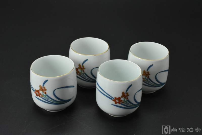 （P5419）日本购回 秀峰作《有田烧陶艺品》茶杯一套4件全 底款“有田秀峰”字样 外壁花朵图案，
