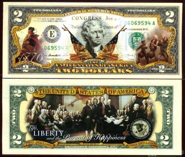 全新美国2美元真彩色美元双面彩塑钞收藏