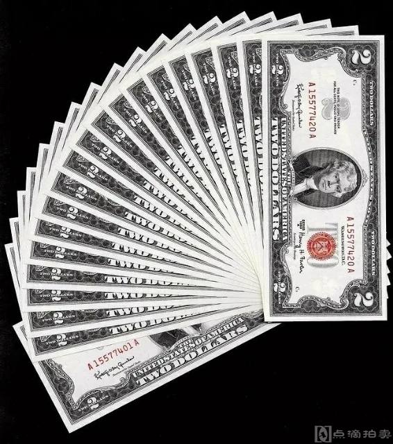 全新红色库印1963年早期2美元UNC十连号纸币收藏