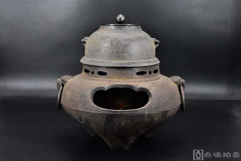 （丙3085）重器！！超大尺寸 年代物！！日本《南部铁器》一件 茶釜身铸铁 盖子铜制 提纽完整可转动 茶道煮水器 风炉釜 