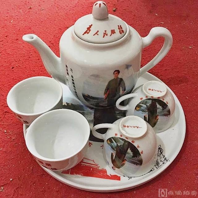 景德镇厂货毛主席去安源六头茶具茶杯茶壶瓷器一套摆件收藏 