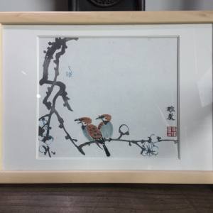 画家李雅晨用梅花笺纸绘制双雀图 画芯25x22.5cm