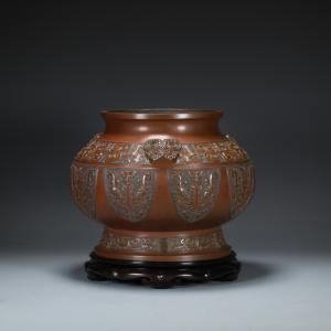 日本回流中古青铜器四代藏六作饕餮纹金工涂金蜡铸花瓶双共箱