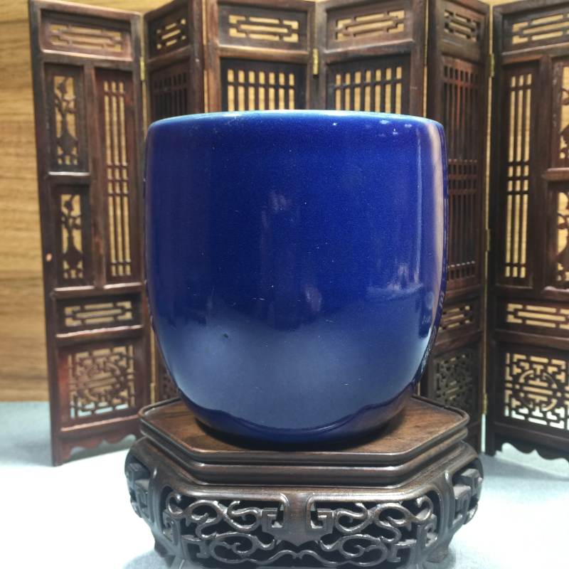 回流 文房蓝釉筒式罐 高11，口徑11cm，完美品