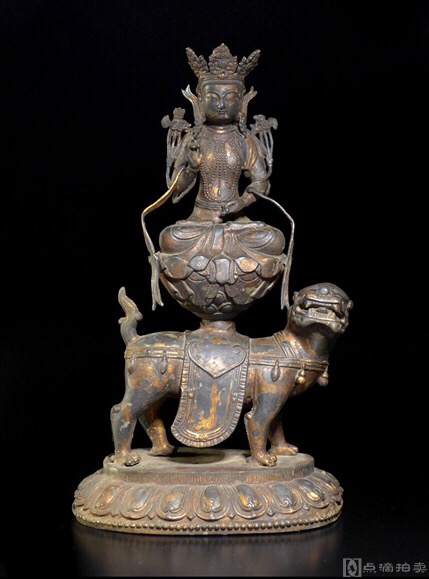 旧藏 铜鎏金文殊菩萨狮吼坐像