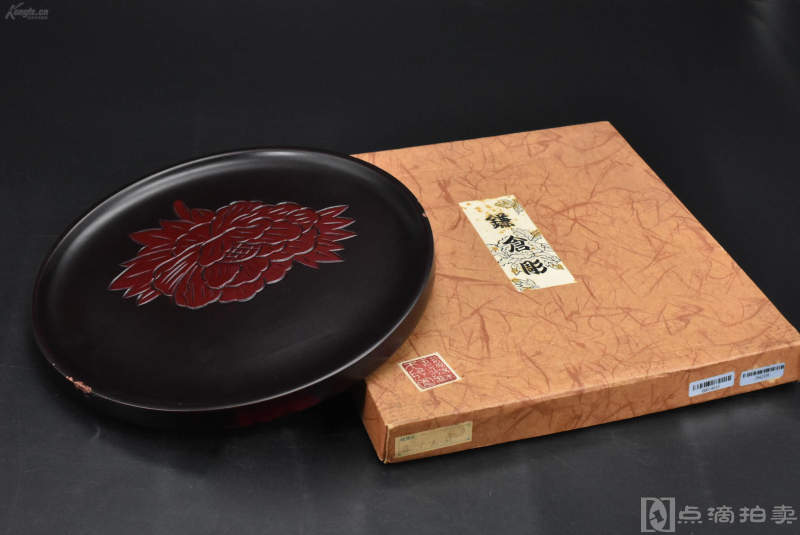 日本老工艺漆器《镰仓雕》原盒漆盘一件 木胎漆器 