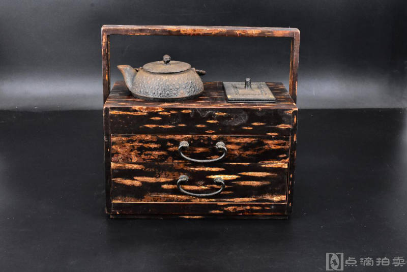 《日本樱皮细工》一套 老式旱烟提篮 抽屉 南部铁器铁壶 灰皿 两个木托