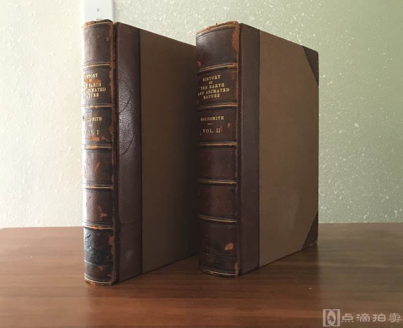 1868年，奥利弗 哥德斯密斯《地球和动物自然史》 经典名著，2卷全，近两千幅版画，大量全页手工上色原品版画，每幅均为上品。1/2皮外封，5竹节烫金书脊。