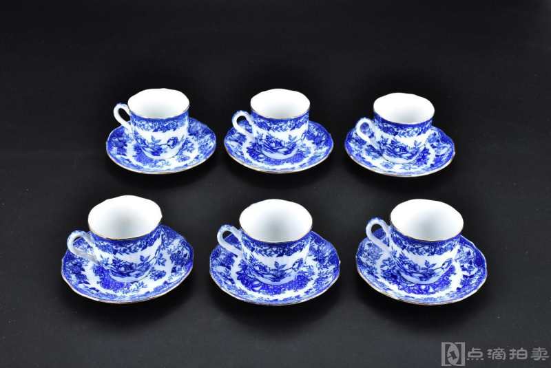 日本传统工艺陶瓷器《Blue Lathay》咖啡杯六套