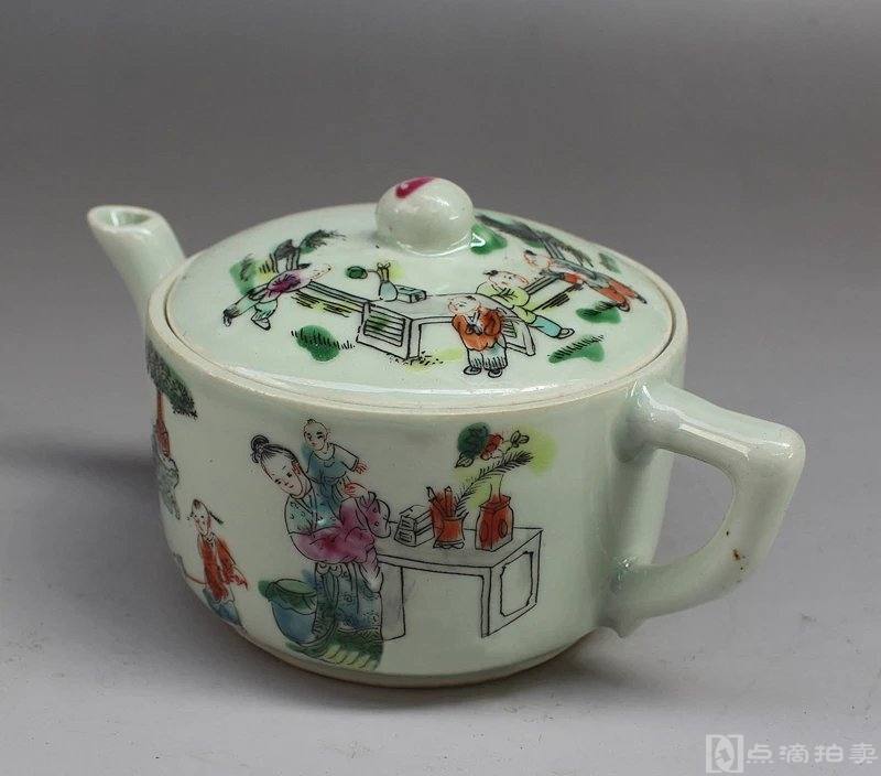 精致80年代粉彩人物茶壶瓷器家居摆件