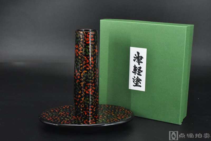 《日本传统工艺漆器津轻涂》原盒花道具一套两件全