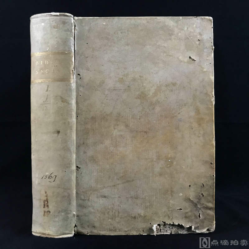 【拉丁语】34*25cm巨册！1569年，《圣经》，约千余幅版画插图与地图，犊皮（vellum）精装