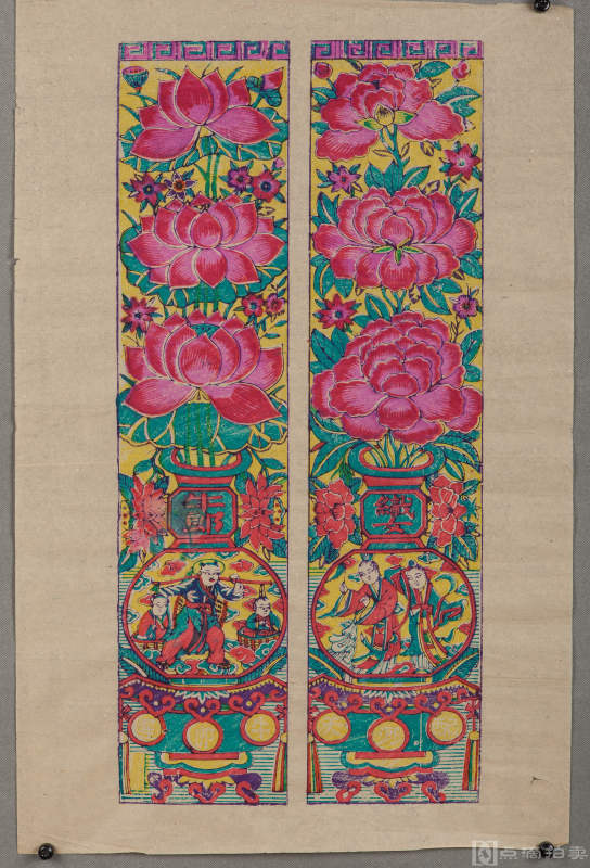年画：潍县杨家埠木板年画《牛郎织女》2幅，系牛郎星·天河配，为民间传统年画