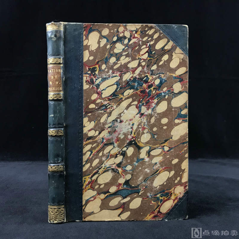 1852年，爱默生《论自然》，3/4真皮加石纹纸精装，四层竹节背，书脊烫金压花