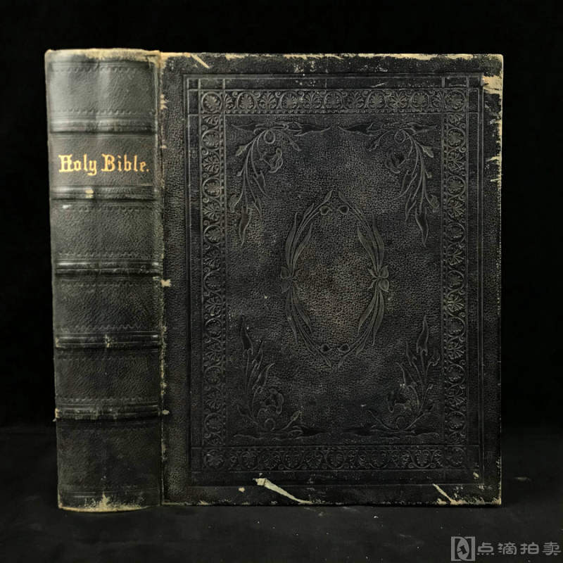 真皮巨册！1861年，托马斯·斯科特校注版《圣经》，数十幅原品版画与地图，全真皮精装，五层竹节背，环衬压花暗纹