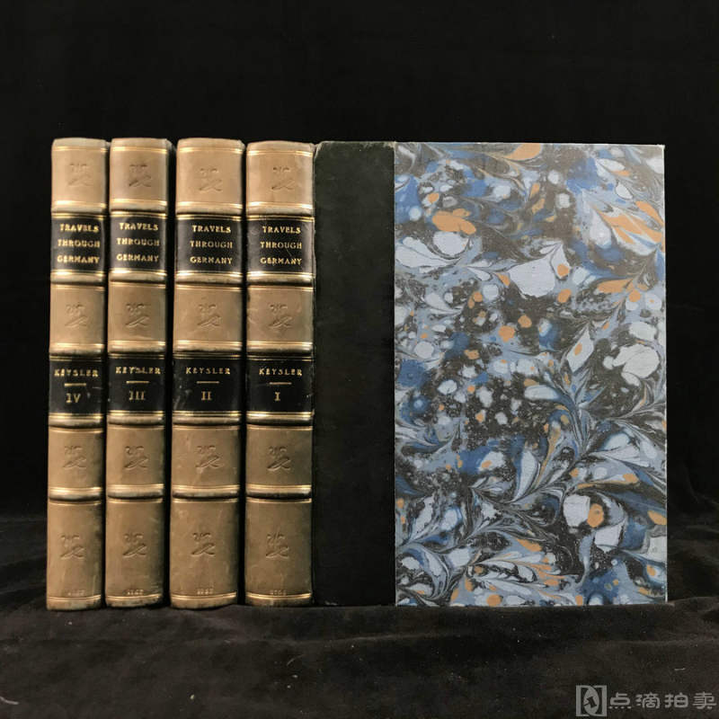 1756-57年，《约翰·乔治·凯斯勒欧洲游记》（全4卷），约8幅版画插图与地图，1/4真皮加石纹纸精装，五层竹节背，书脊烫金压花