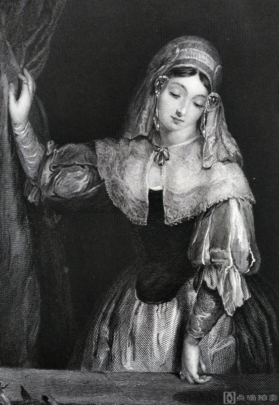 1859年钢版画，无字版《窗前美少女，LA GROSSÉE》，纸张37*26.5cm，95品