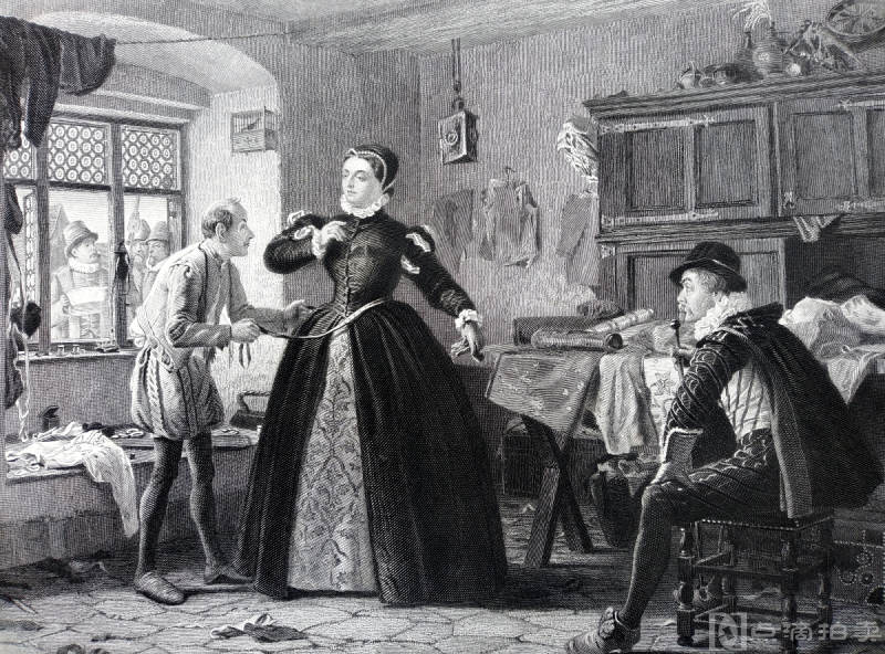 约1875年钢版画，稀罕莎剧版！《夫人的裁缝》_莎剧（亨利四世)场景，纸张36.8*27.3cm，9品