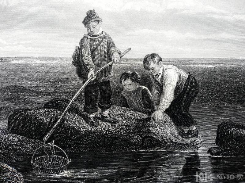 〔柯林斯〕1854年钢版画，《捕虾的孩子》韦尔图弗农版，纸张34*24.5cm，85品。