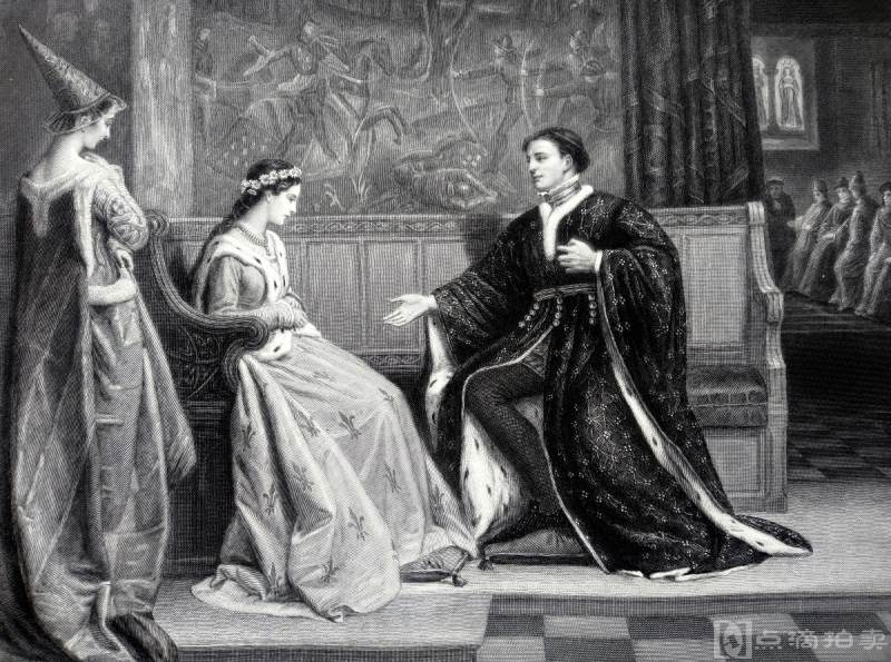 约1875年钢版画，稀罕莎剧版！《亨利五世向法国公主求爱》~~莎剧《亨利五世》场景，纸张36.8*27.3cm ，9品